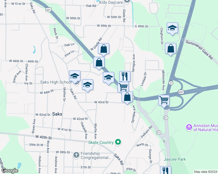 map of restaurants, bars, coffee shops, grocery stores, and more near 31 Watson Street in Anniston