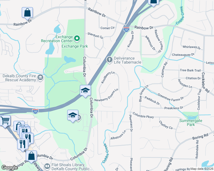 map of restaurants, bars, coffee shops, grocery stores, and more near 3481 Newberry Trail in Decatur