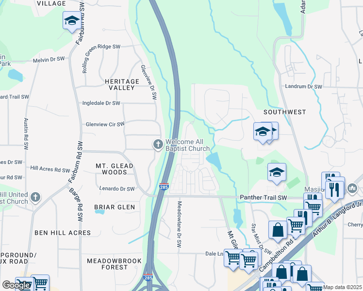 map of restaurants, bars, coffee shops, grocery stores, and more near 3317 Cascade Parc Boulevard Southwest in Atlanta