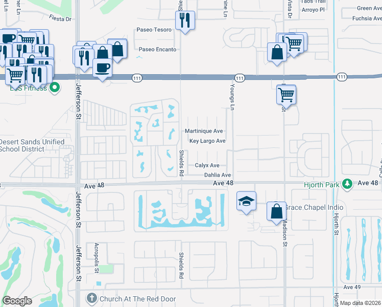 map of restaurants, bars, coffee shops, grocery stores, and more near 47705 Peony Place in Indio