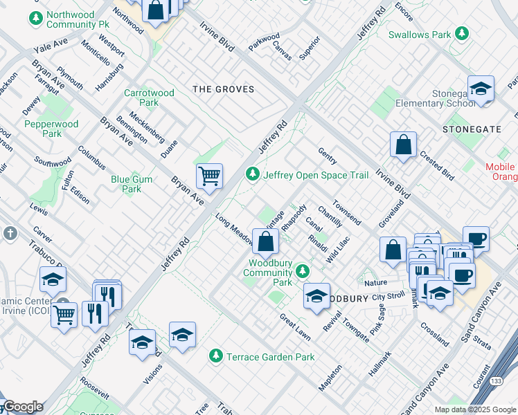 map of restaurants, bars, coffee shops, grocery stores, and more near 41 Enchanted in Irvine