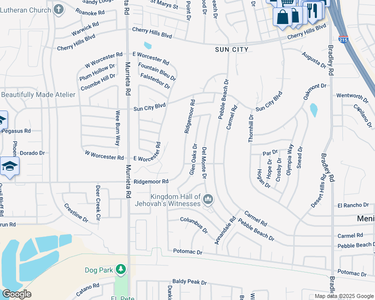 map of restaurants, bars, coffee shops, grocery stores, and more near 26379 Ridgemoor Road in Menifee