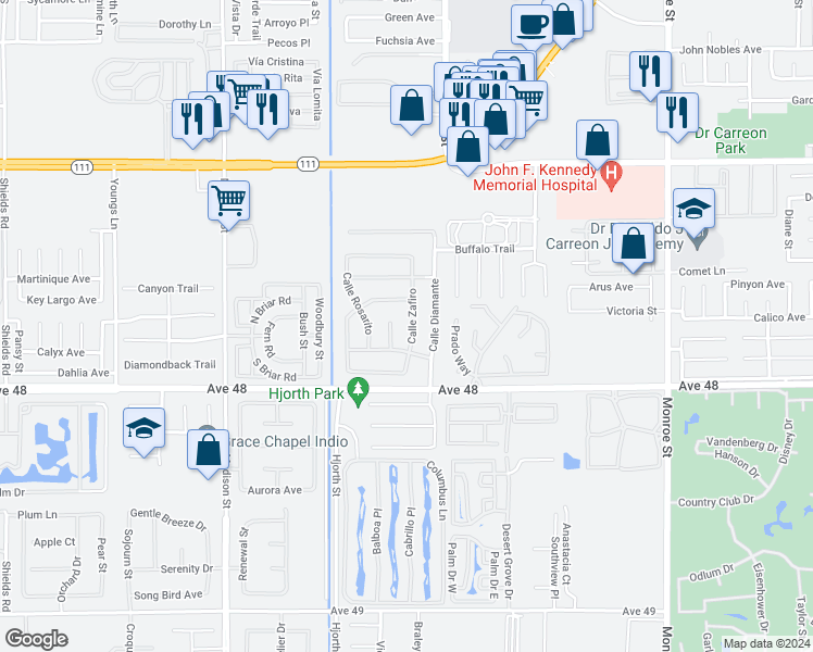 map of restaurants, bars, coffee shops, grocery stores, and more near 47723 Calle Zafiro in Indio