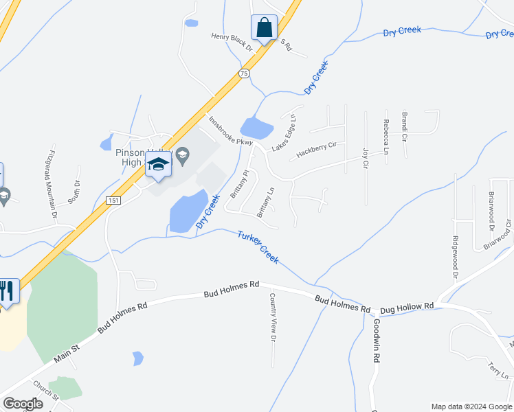 map of restaurants, bars, coffee shops, grocery stores, and more near 6908 Brittany Lane in Pinson