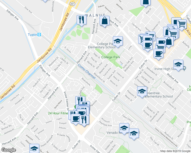 map of restaurants, bars, coffee shops, grocery stores, and more near 3722 Blackthorn Street in Irvine