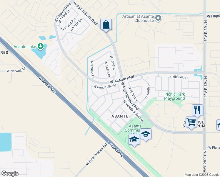 map of restaurants, bars, coffee shops, grocery stores, and more near 16925 West Sand Hills Road in Surprise