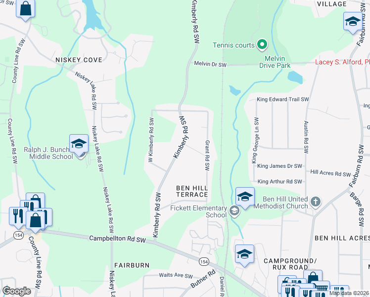 map of restaurants, bars, coffee shops, grocery stores, and more near 1918 Kimberly Road Southwest in Atlanta
