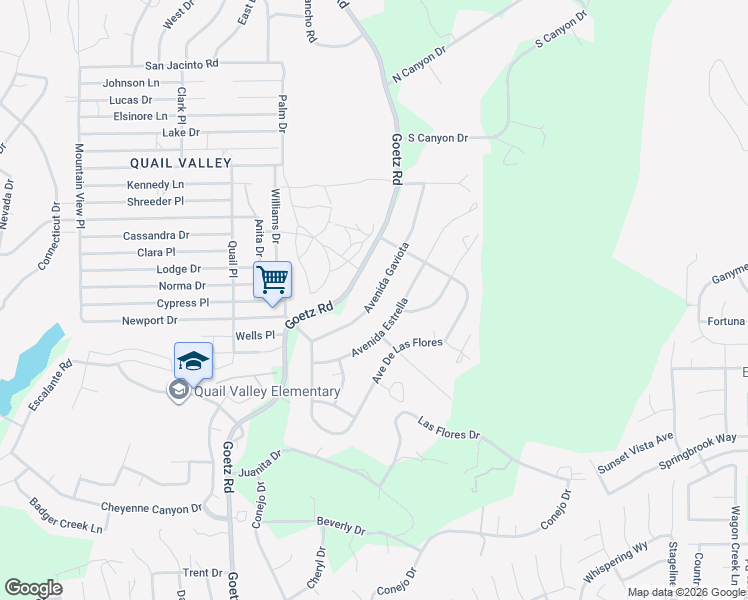 map of restaurants, bars, coffee shops, grocery stores, and more near Avenue Gaviota in Menifee