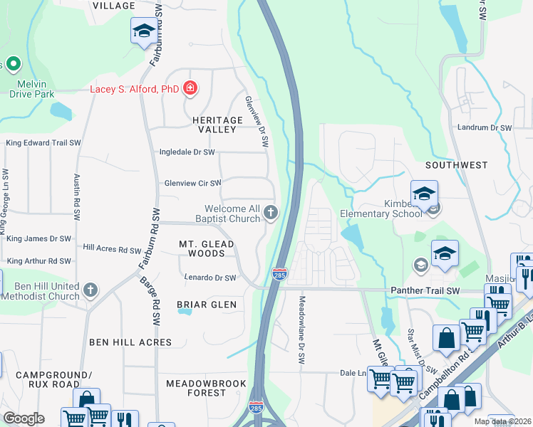 map of restaurants, bars, coffee shops, grocery stores, and more near 3320 Glenview Circle Southwest in Atlanta