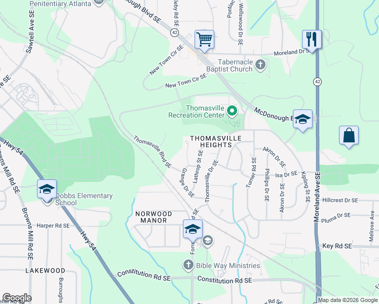 map of restaurants, bars, coffee shops, grocery stores, and more near 1935 Lathrop Street Southeast in Atlanta