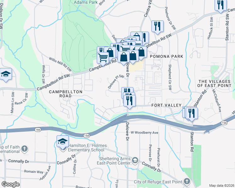 map of restaurants, bars, coffee shops, grocery stores, and more near 2140 Derby Drive Southwest in Atlanta