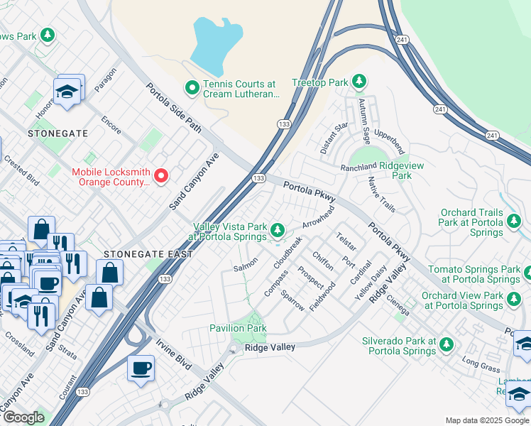 map of restaurants, bars, coffee shops, grocery stores, and more near 127 Bright Poppy in Irvine