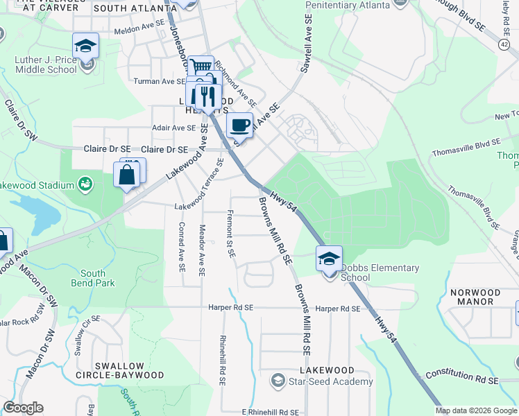 map of restaurants, bars, coffee shops, grocery stores, and more near 1901 Browns Mill Road Southeast in Atlanta