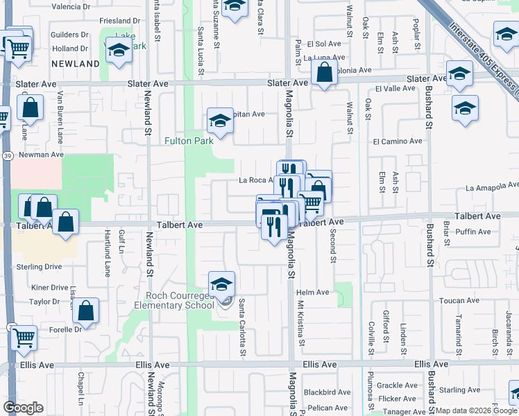 map of restaurants, bars, coffee shops, grocery stores, and more near 8893 Salmon Avenue in Fountain Valley