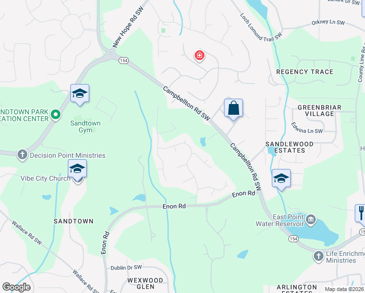 map of restaurants, bars, coffee shops, grocery stores, and more near 1930 Enon Pines Drive Southwest in Atlanta