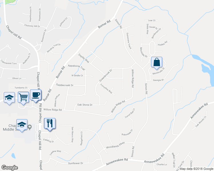 map of restaurants, bars, coffee shops, grocery stores, and more near 3810 Forsythia Way in Douglasville