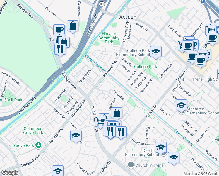 map of restaurants, bars, coffee shops, grocery stores, and more near 54 Riverstone in Irvine