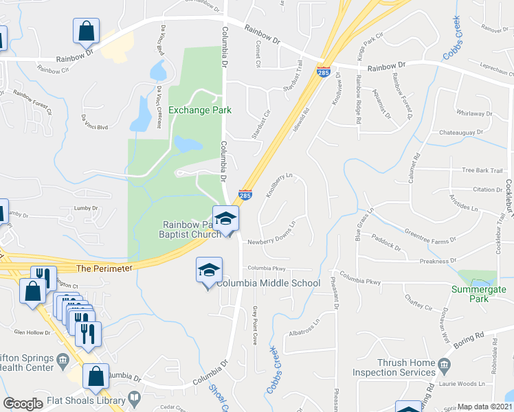 map of restaurants, bars, coffee shops, grocery stores, and more near 2873 Knollberry Lane in Decatur