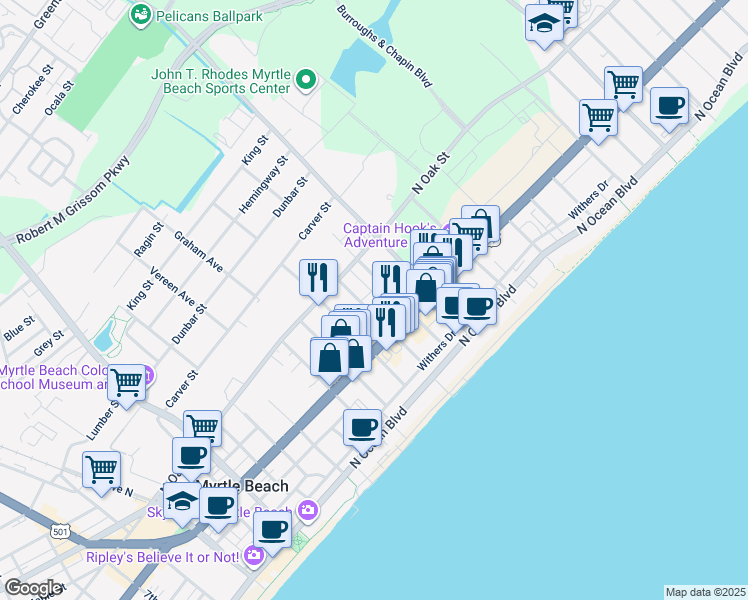 map of restaurants, bars, coffee shops, grocery stores, and more near 1903 Legion Street in Myrtle Beach