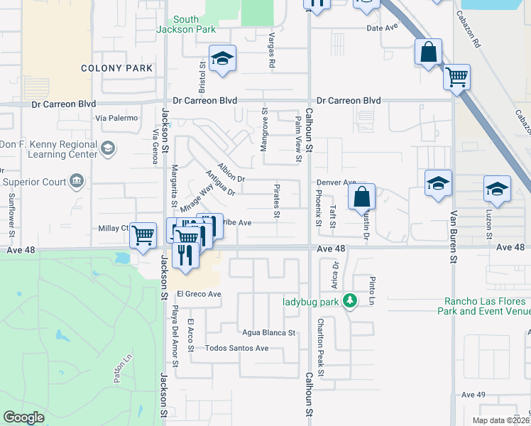 map of restaurants, bars, coffee shops, grocery stores, and more near 83347 Mango Walk in Indio