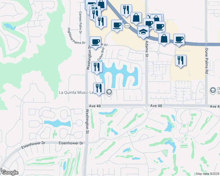 map of restaurants, bars, coffee shops, grocery stores, and more near 47760 Vía Montana in La Quinta