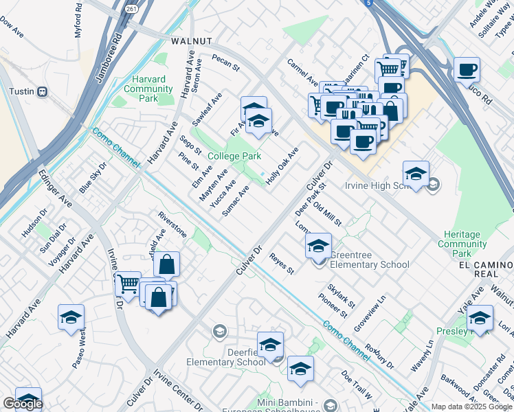map of restaurants, bars, coffee shops, grocery stores, and more near 3902 Cedron Street in Irvine