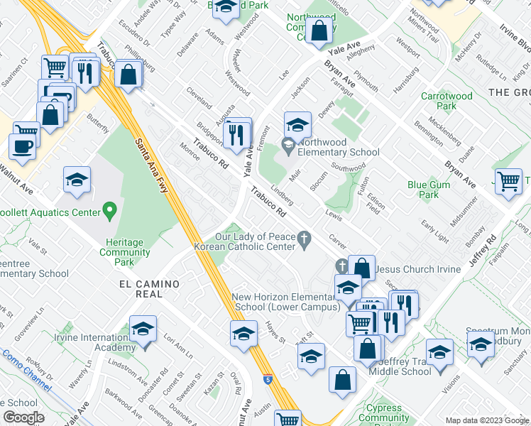 map of restaurants, bars, coffee shops, grocery stores, and more near 15 Gainesmill in Irvine