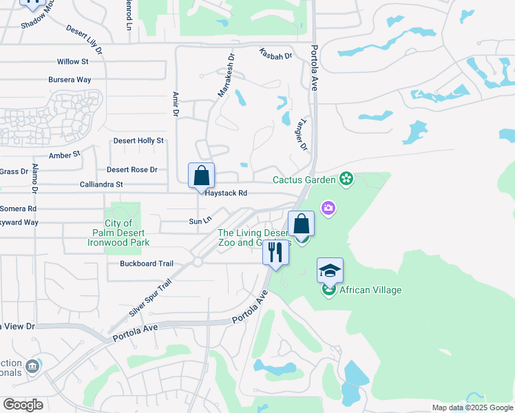 map of restaurants, bars, coffee shops, grocery stores, and more near Sun Corral Trail in Palm Desert