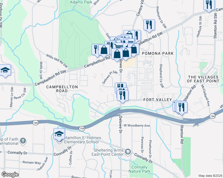 map of restaurants, bars, coffee shops, grocery stores, and more near 2150 Derby Drive Southwest in Atlanta