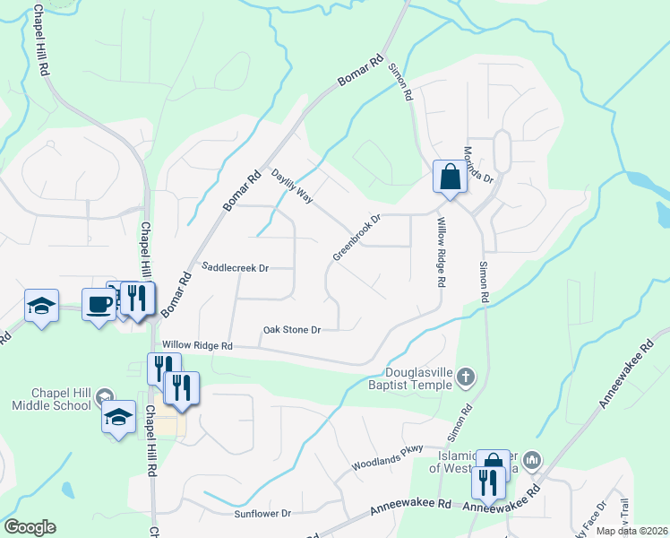 map of restaurants, bars, coffee shops, grocery stores, and more near 3830 Greenback Drive in Douglasville