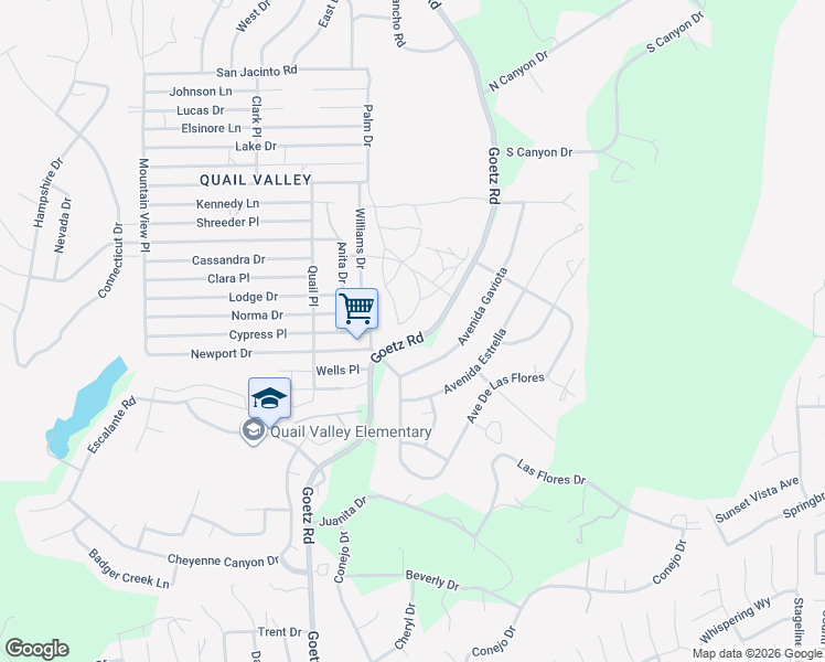 map of restaurants, bars, coffee shops, grocery stores, and more near Goetz Drive in Menifee