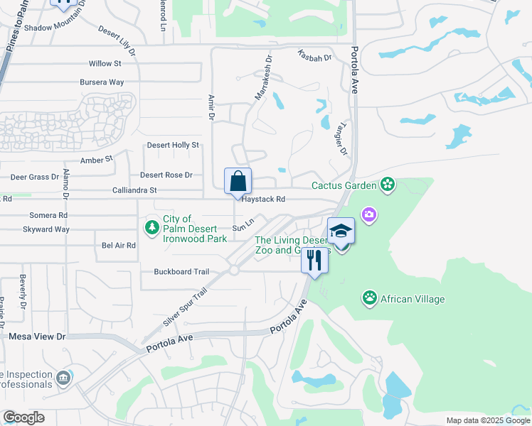 map of restaurants, bars, coffee shops, grocery stores, and more near 73726 Sun Lane in Palm Desert