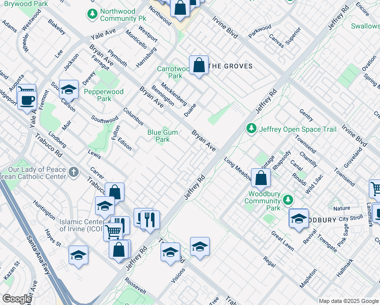 map of restaurants, bars, coffee shops, grocery stores, and more near 42 Midsummer in Irvine