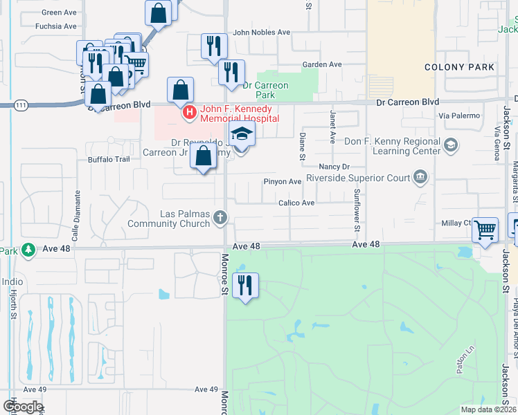 map of restaurants, bars, coffee shops, grocery stores, and more near 82091 Calico Avenue in Indio