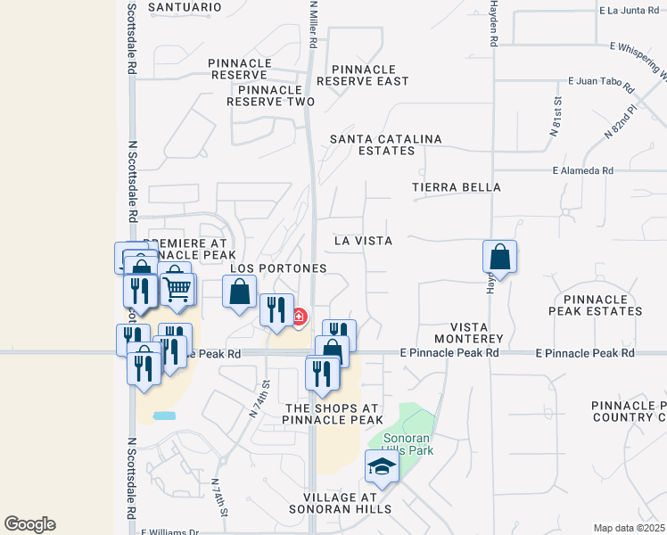 map of restaurants, bars, coffee shops, grocery stores, and more near 7655 East Starla Drive in Scottsdale