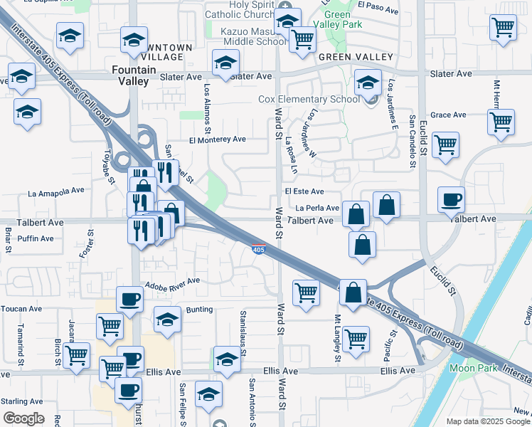 map of restaurants, bars, coffee shops, grocery stores, and more near 10454 La Despensa Avenue in Fountain Valley