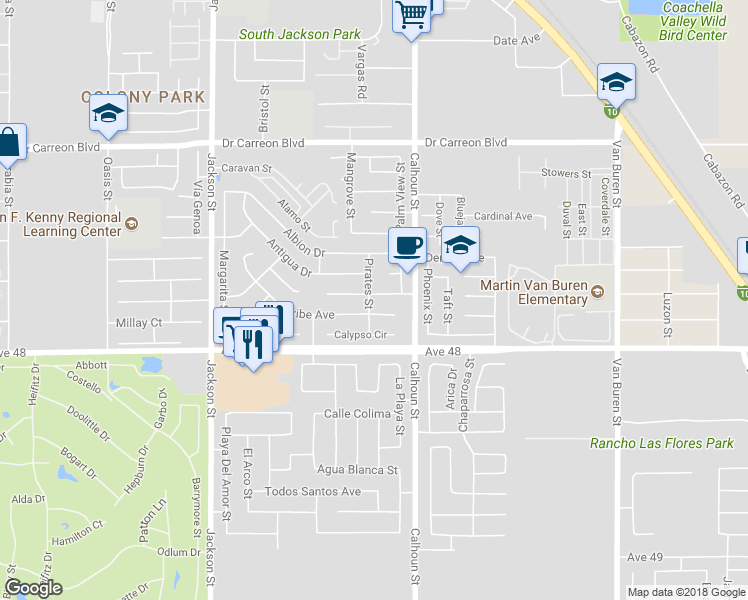 map of restaurants, bars, coffee shops, grocery stores, and more near 83403 Mango Walk in Indio