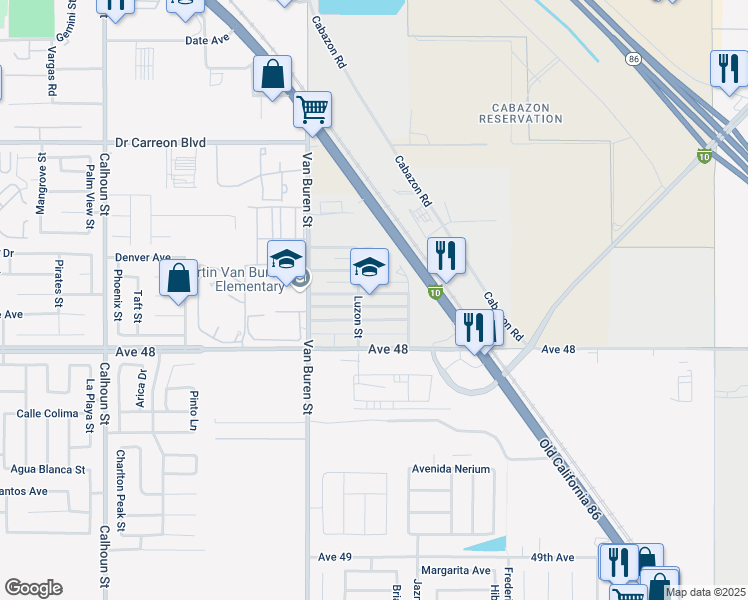 map of restaurants, bars, coffee shops, grocery stores, and more near 84165 Corregidor Avenue in Indio