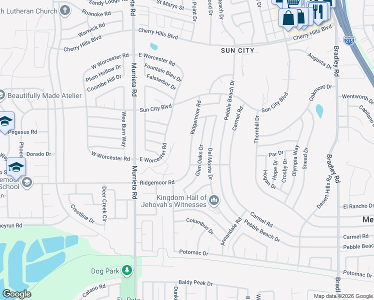 map of restaurants, bars, coffee shops, grocery stores, and more near 26379 Ridgemoor Road in Menifee