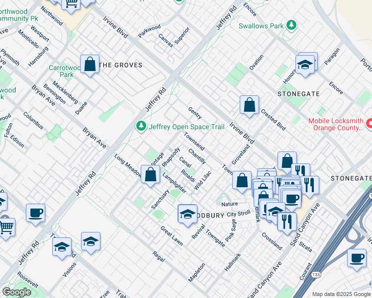 map of restaurants, bars, coffee shops, grocery stores, and more near 62 Chantilly in Irvine