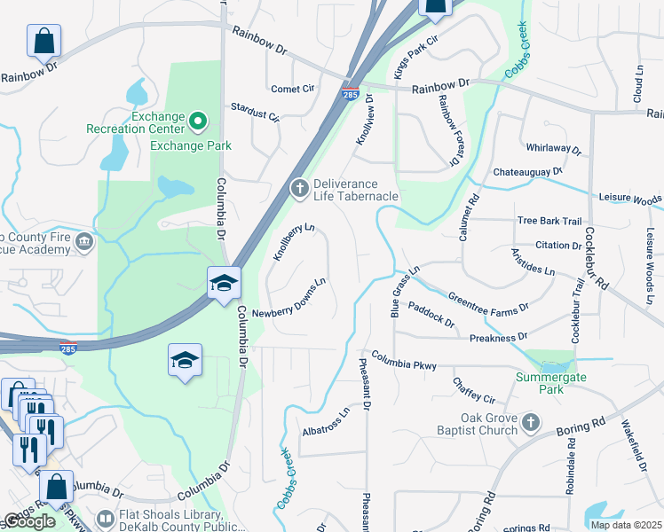 map of restaurants, bars, coffee shops, grocery stores, and more near 2737 Knollberry Lane in Decatur