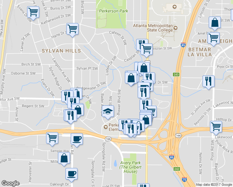 map of restaurants, bars, coffee shops, grocery stores, and more near 1921 Brewer Boulevard Southwest in Atlanta