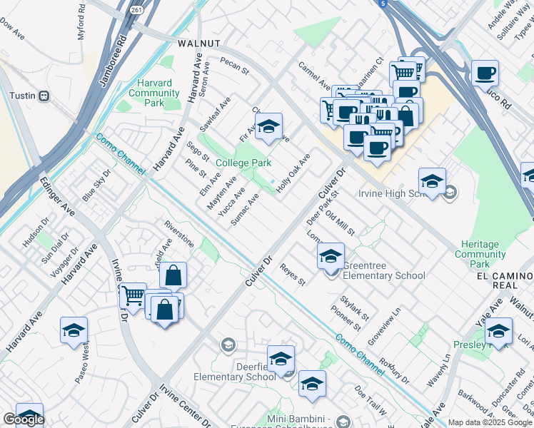 map of restaurants, bars, coffee shops, grocery stores, and more near 3902 Cedron Street in Irvine