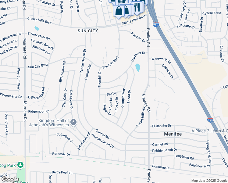 map of restaurants, bars, coffee shops, grocery stores, and more near 26708 Par Drive in Menifee