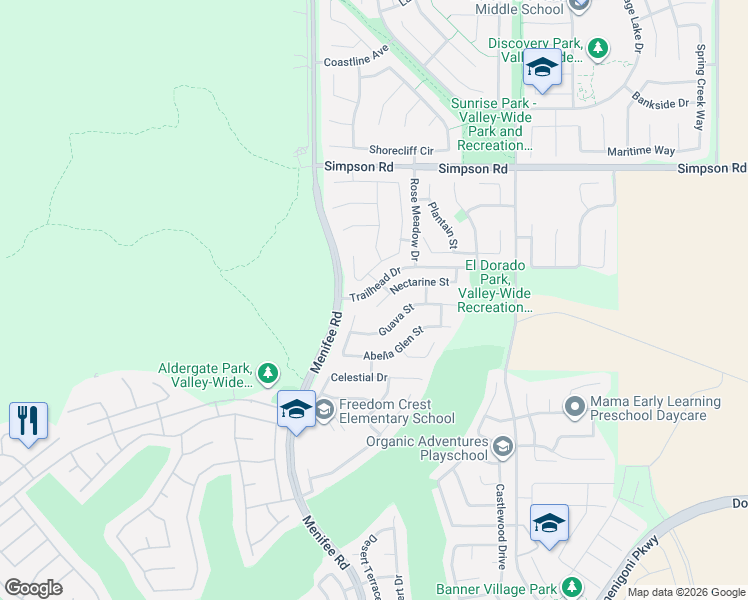 map of restaurants, bars, coffee shops, grocery stores, and more near 29102 Nectarine Street in Menifee