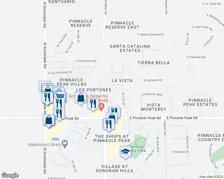 map of restaurants, bars, coffee shops, grocery stores, and more near 7655 East Starla Drive in Scottsdale