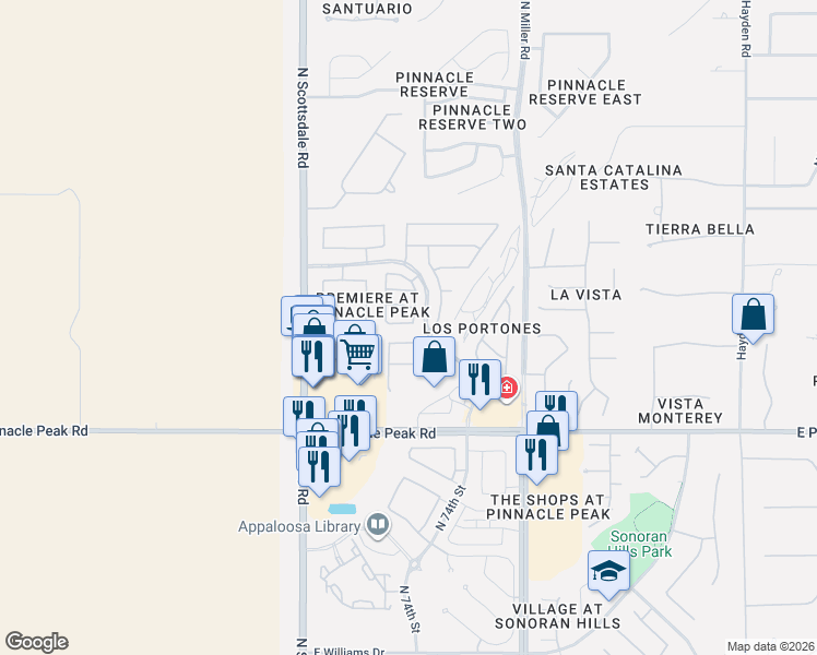 map of restaurants, bars, coffee shops, grocery stores, and more near 7393 East Camino Del Monte in Scottsdale