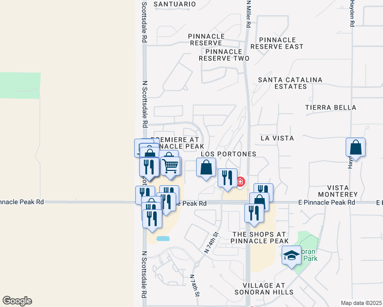 map of restaurants, bars, coffee shops, grocery stores, and more near 7393 East Camino Del Monte in Scottsdale