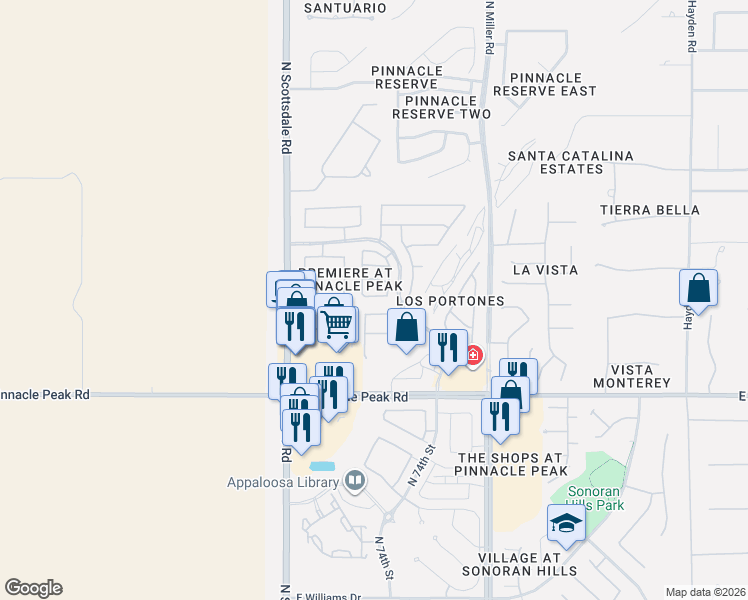 map of restaurants, bars, coffee shops, grocery stores, and more near 7393 East Camino Del Monte in Scottsdale