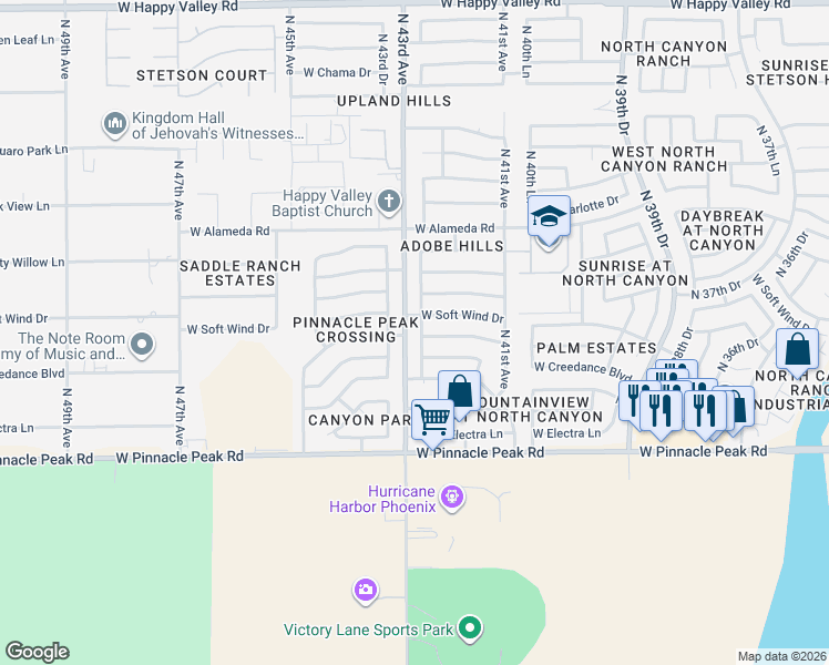 map of restaurants, bars, coffee shops, grocery stores, and more near 23802 North 42nd Drive in Glendale